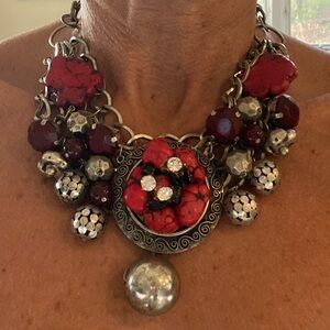 Bold Red and Silver Statement Necklace